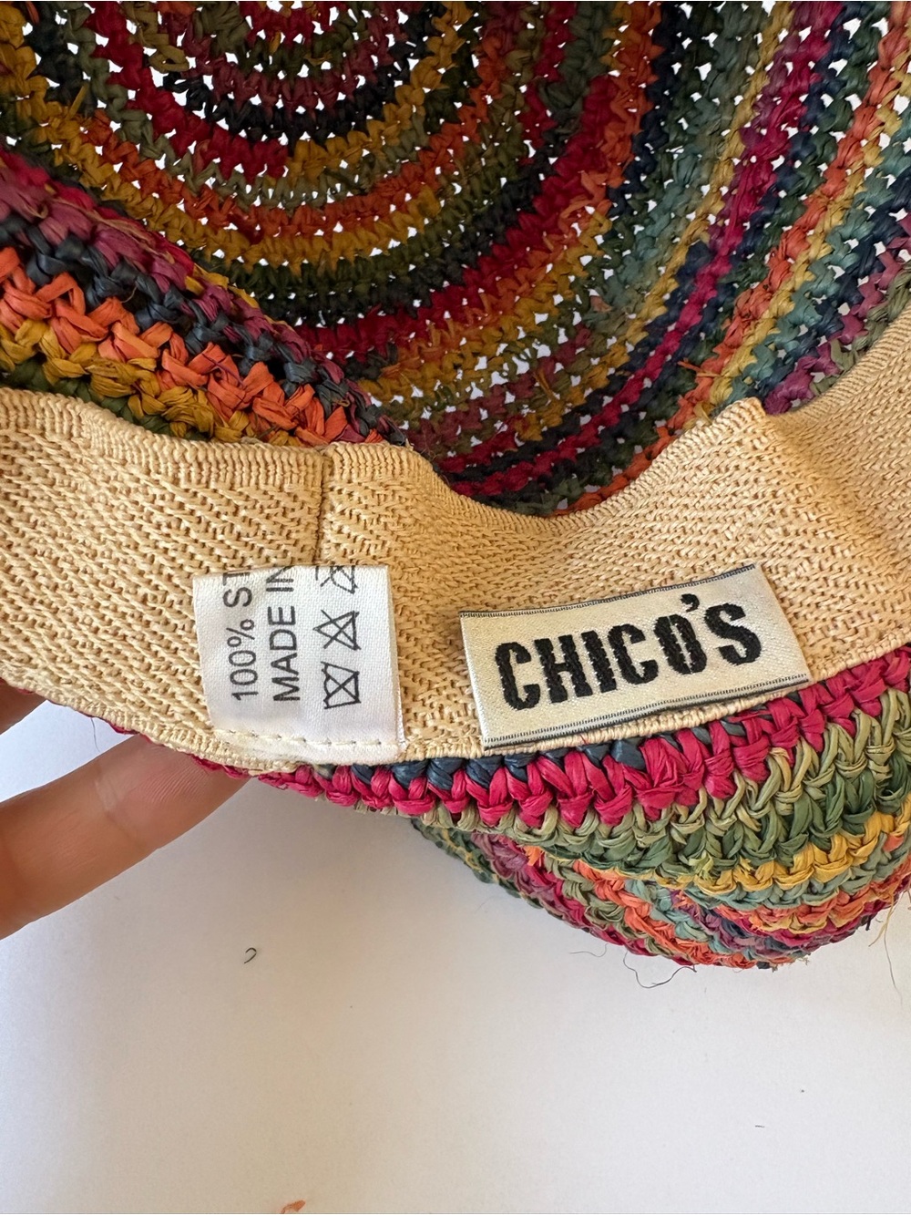 Chico’s MultiColor Crochet Straw Floppy Sun Hat Resort Cruise Beach Coastal Bow - Picture 4 of 6